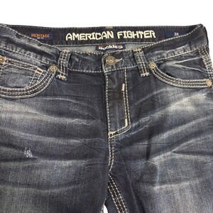 Buckle American Fighter Heritage Bootcut Blue Jeans Men 32 x 34 Faded Whiskering